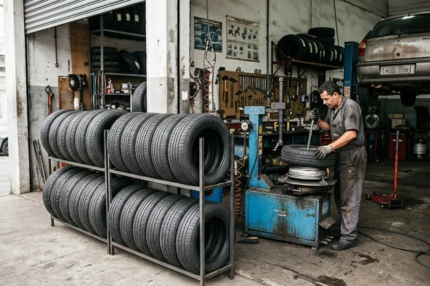 Pneus bem mantidos em uma borracharia em Suzano.