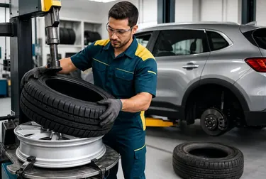 Profissional em Suzano trocando pneus de um veículo.